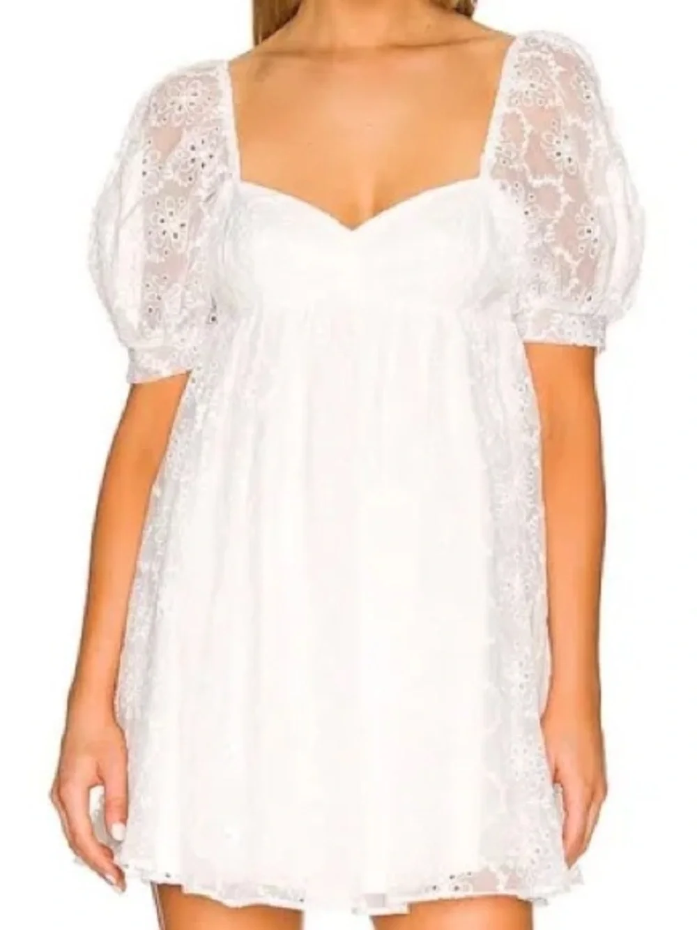 Amanda Uprichard White Eyelet Puff-Sleeve Mini Dress Lace Size XS Cotton Blend